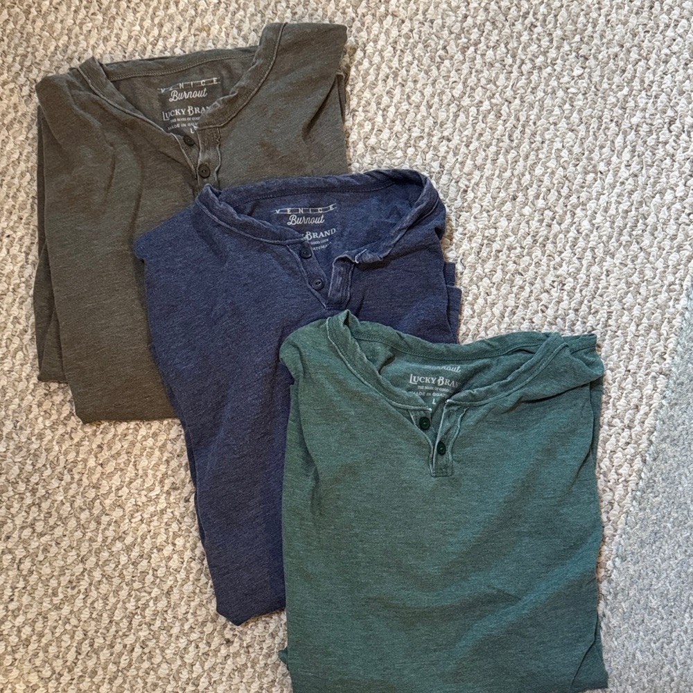 Lucky Brand Trio of Henley Shirts in Green, Blue, and Gray